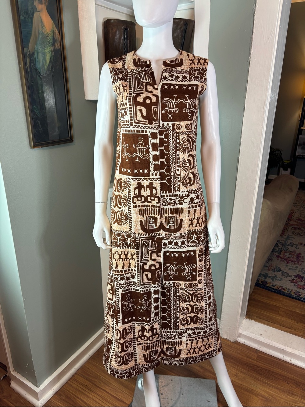 Vintage 60s 70s Handmade Barkcloth Polynesian Hawaiian Tapa Print Maxi Dress XS